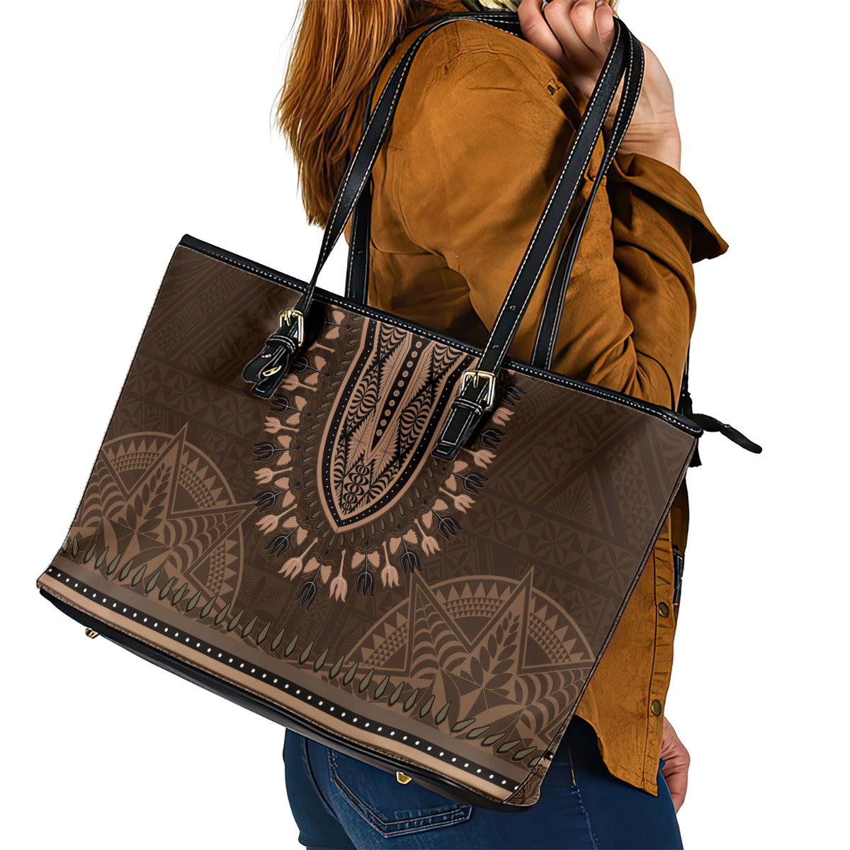 Brown African Dashiki With Tonga Ngatu Pattern Leather Tote Bag