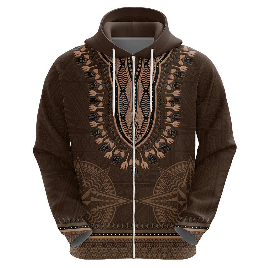 Brown African Dashiki With Tonga Ngatu Pattern Zip Hoodie