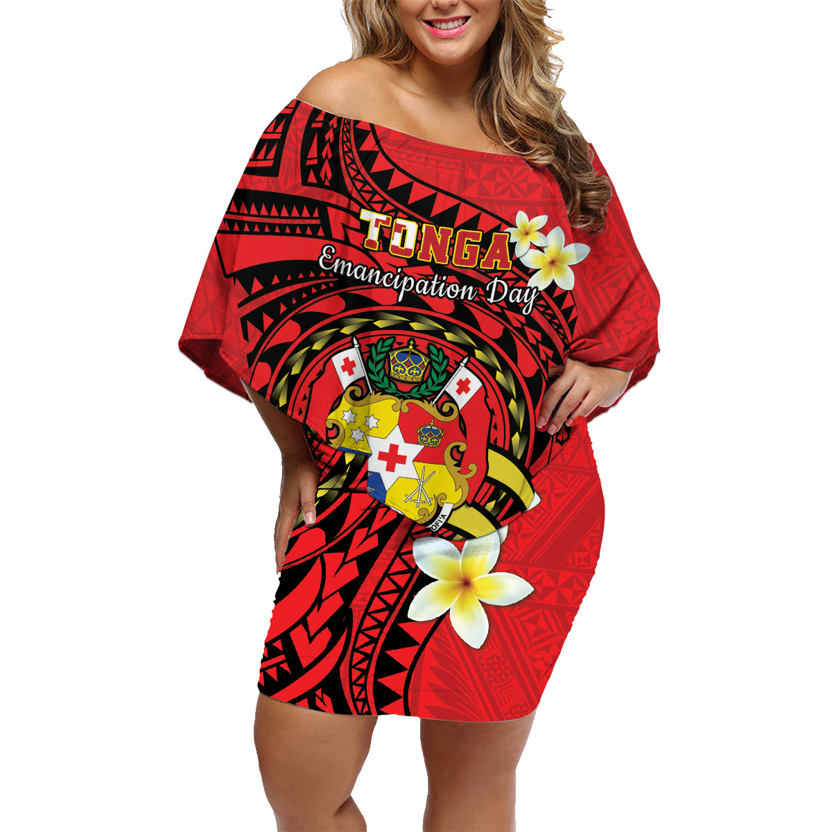 Personalised Tonga Emancipation Day Family Matching Off Shoulder Short Dress and Hawaiian Shirt Tongan Ngatu Pattern - Red Version