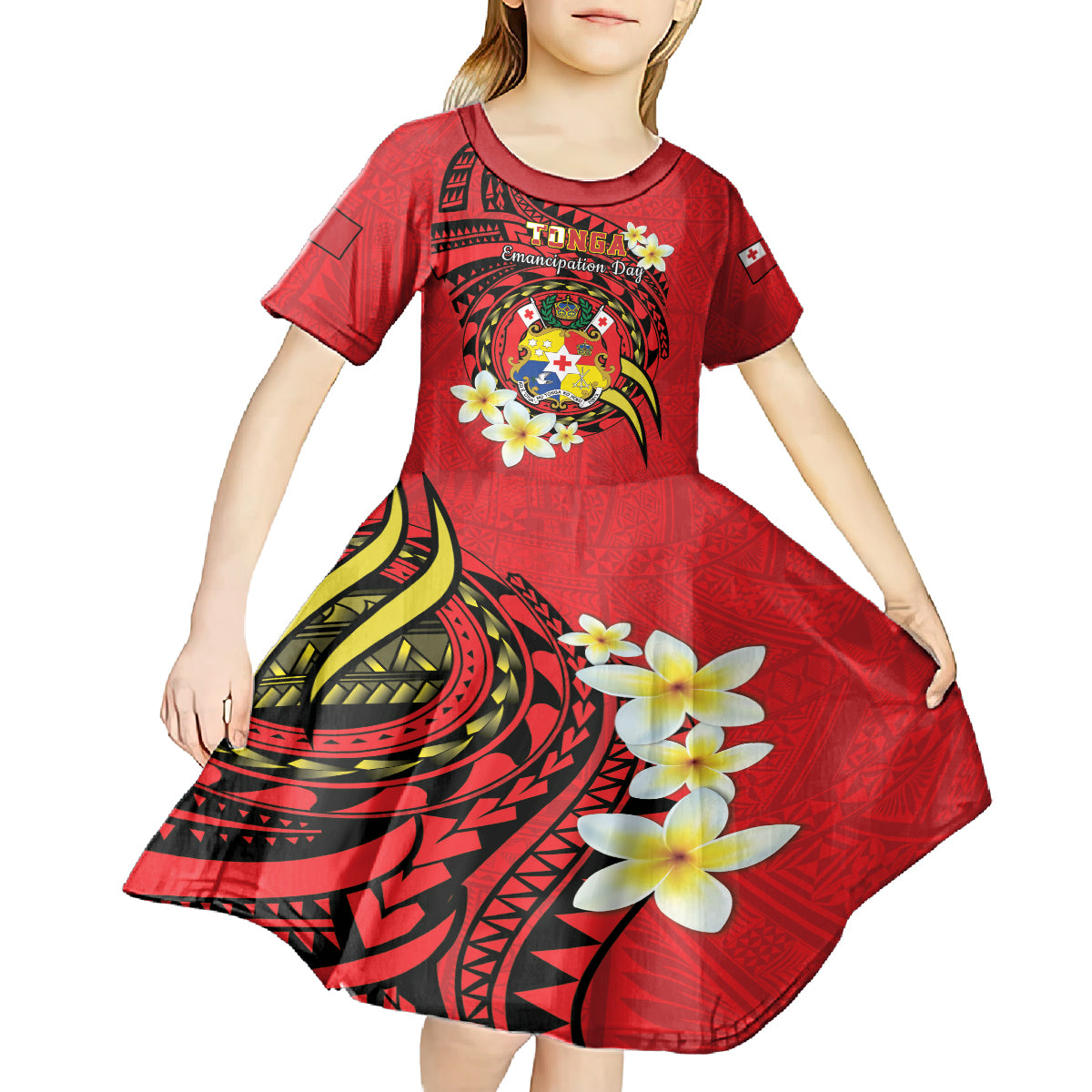 Personalised Tonga Emancipation Day Kid Short Sleeve Dress Tongan Ngatu Pattern - Red Version