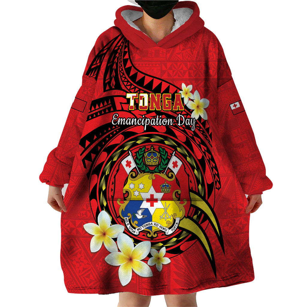 Personalised Tonga Emancipation Day Wearable Blanket Hoodie Tongan Ngatu Pattern - Red Version LT14 - Polynesian Pride