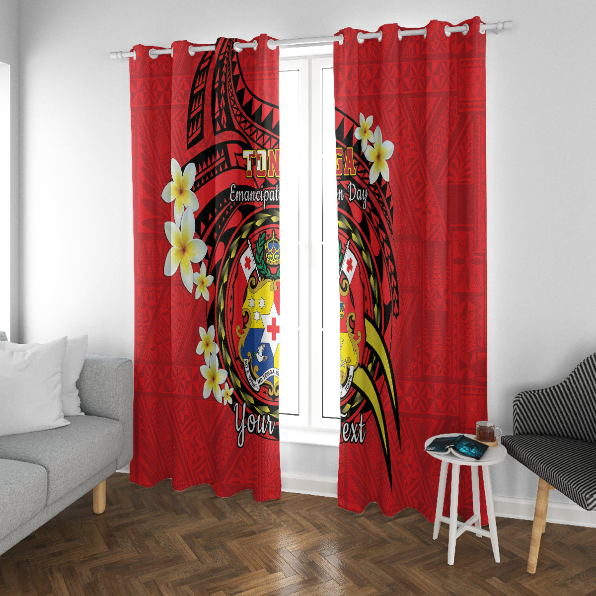 Personalised Tonga Emancipation Day Window Curtain Tongan Ngatu Pattern - Red Version