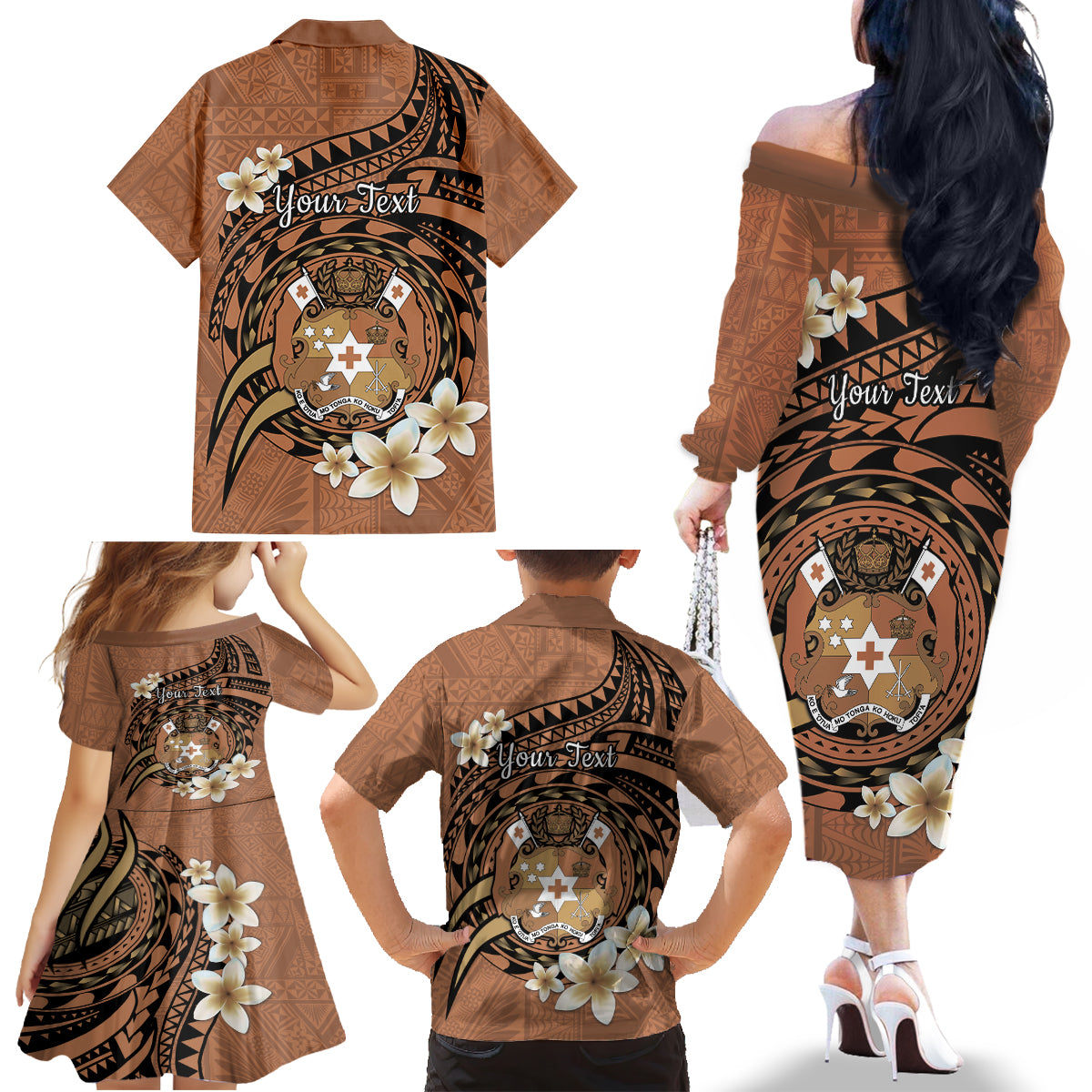 Personalised Tonga Emancipation Day Family Matching Off The Shoulder Long Sleeve Dress and Hawaiian Shirt Tongan Ngatu Pattern - Brown Version