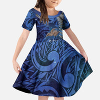 New Zealand Stewart Island Family Matching Long Sleeve Bodycon Dress and Hawaiian Shirt Rakiura Kiwi Maori Glowing Sky LT14 Daughter's Dress Blue - Polynesian Pride