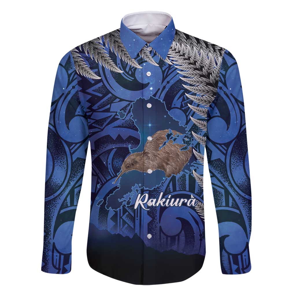 New Zealand Stewart Island Family Matching Long Sleeve Bodycon Dress and Hawaiian Shirt Rakiura Kiwi Maori Glowing Sky LT14 Dad's Shirt - Long Sleeve Blue - Polynesian Pride