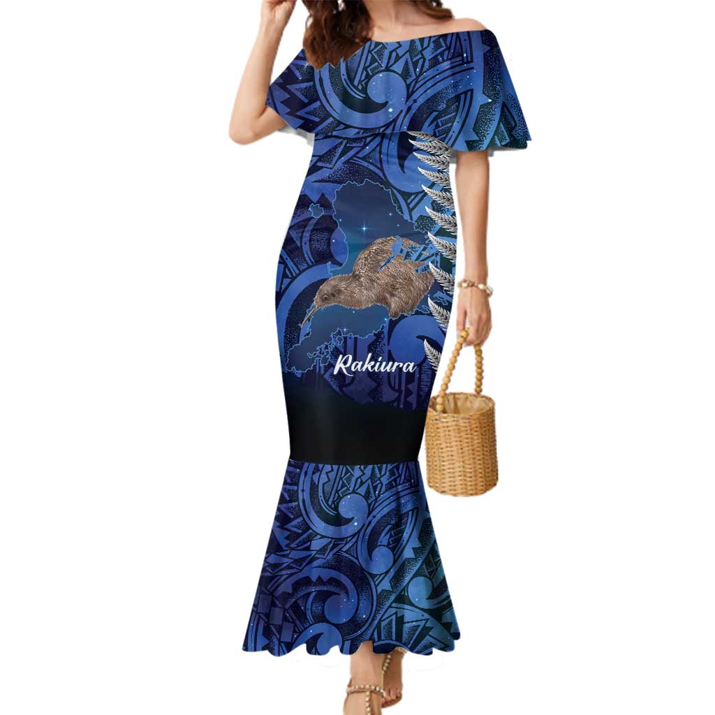 New Zealand Stewart Island Family Matching Mermaid Dress and Hawaiian Shirt Rakiura Kiwi Maori Glowing Sky LT14 Mom's Dress Blue - Polynesian Pride