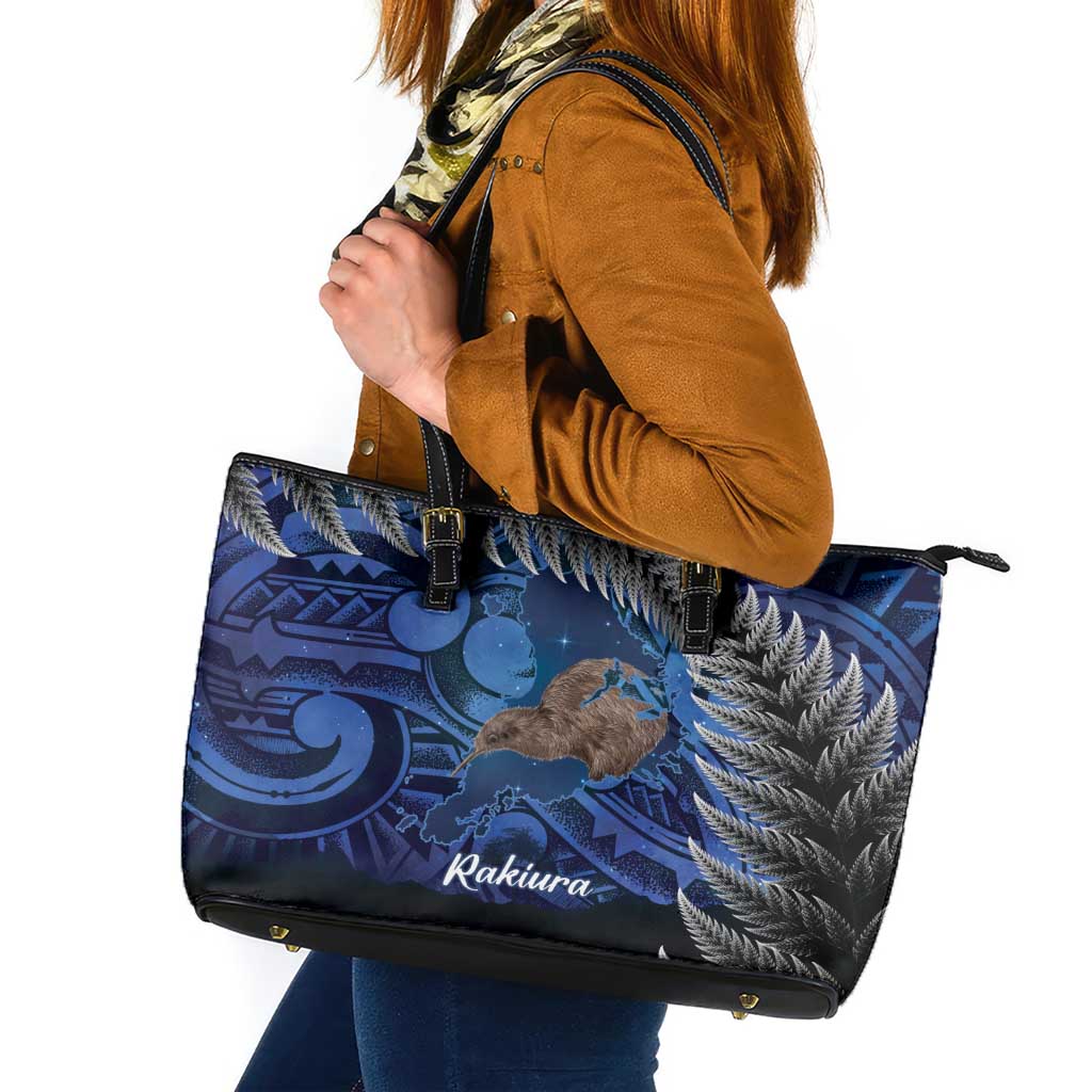 New Zealand Stewart Island Leather Tote Bag Rakiura Kiwi Maori Glowing Sky LT14 Blue - Polynesian Pride