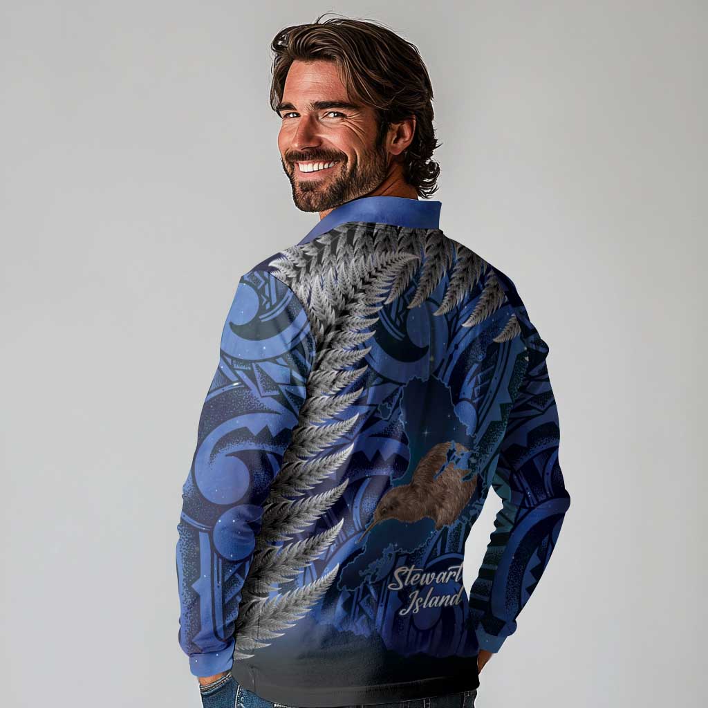 New Zealand Stewart Island Long Sleeve Polo Shirt Rakiura Kiwi Maori Glowing Sky