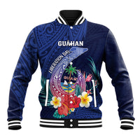 Personalised Guam Liberation Day Baseball Jacket Happy 80th Anniversary Fish Hook Mix Tropical Flowers
