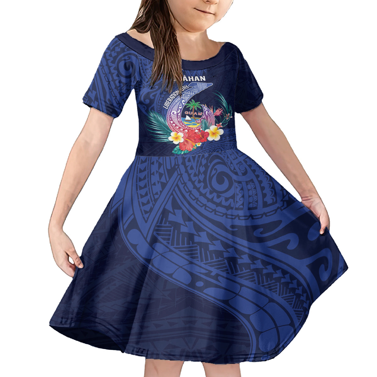 Personalised Guam Liberation Day Family Matching Off Shoulder Short Dress and Hawaiian Shirt Happy 80th Anniversary Fish Hook Mix Tropical Flowers