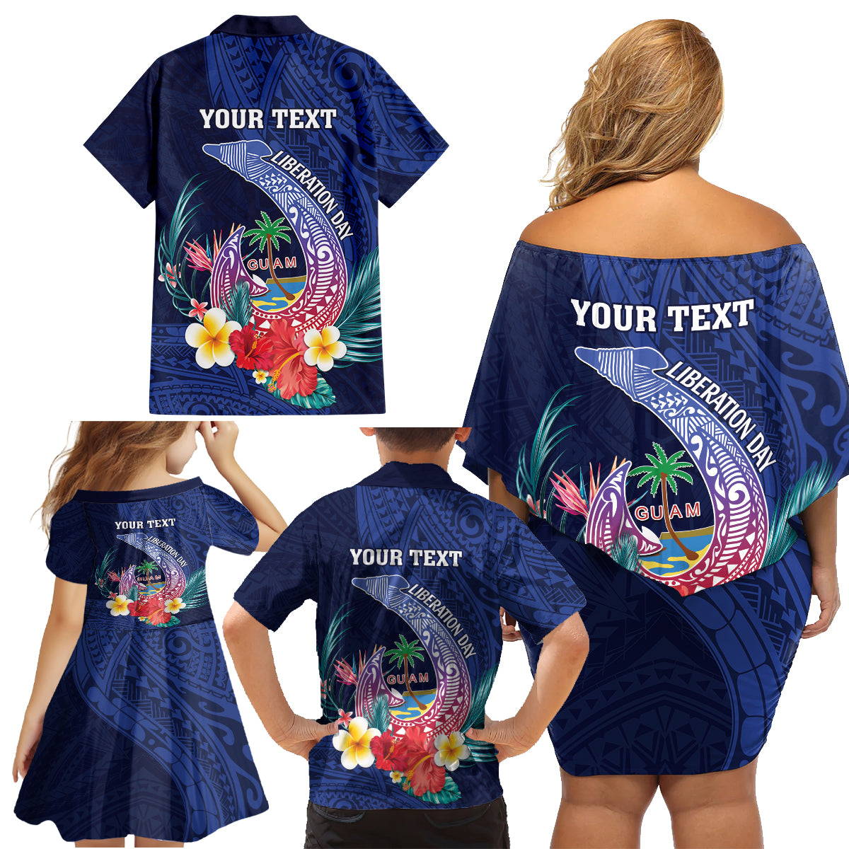 Personalised Guam Liberation Day Family Matching Off Shoulder Short Dress and Hawaiian Shirt Happy 80th Anniversary Fish Hook Mix Tropical Flowers