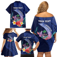 Personalised Guam Liberation Day Family Matching Off Shoulder Short Dress and Hawaiian Shirt Happy 80th Anniversary Fish Hook Mix Tropical Flowers