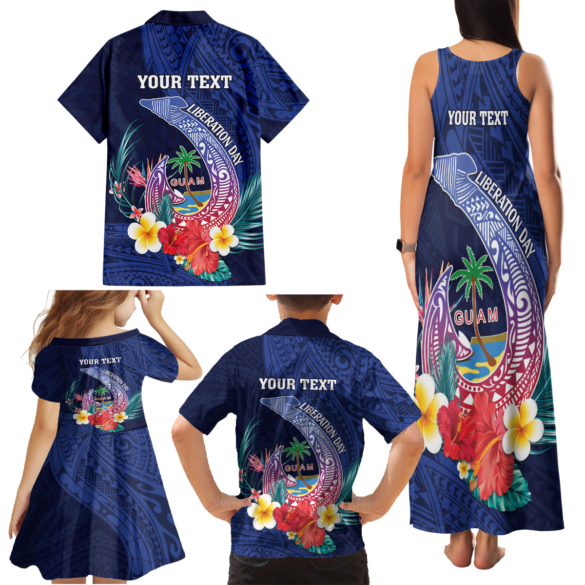 Personalised Guam Liberation Day Family Matching Tank Maxi Dress and Hawaiian Shirt Happy 80th Anniversary Fish Hook Mix Tropical Flowers