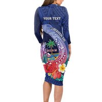 Personalised Guam Liberation Day Long Sleeve Bodycon Dress Happy 80th Anniversary Fish Hook Mix Tropical Flowers LT14 - Polynesian Pride