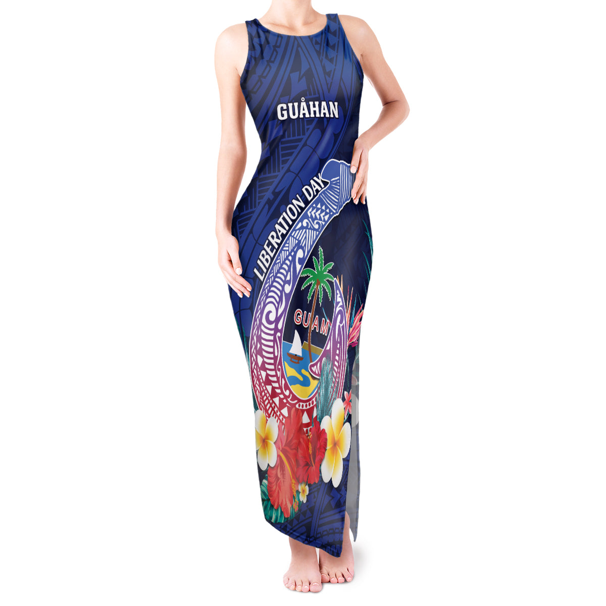 Personalised Guam Liberation Day Tank Maxi Dress Happy 80th Anniversary Fish Hook Mix Tropical Flowers