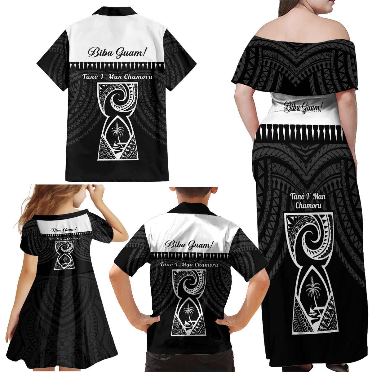 Guam Liberation Day Family Matching Off Shoulder Maxi Dress and Hawaiian Shirt Biba Guahan Chamorro 80th Anniversary - Black