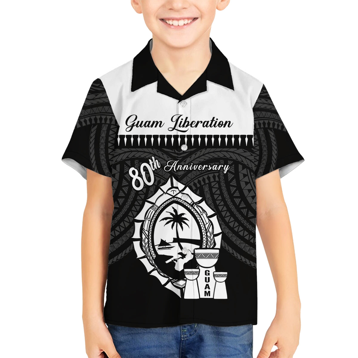 Guam Liberation Day Family Matching Off Shoulder Short Dress and Hawaiian Shirt Biba Guahan Chamorro 80th Anniversary - Black