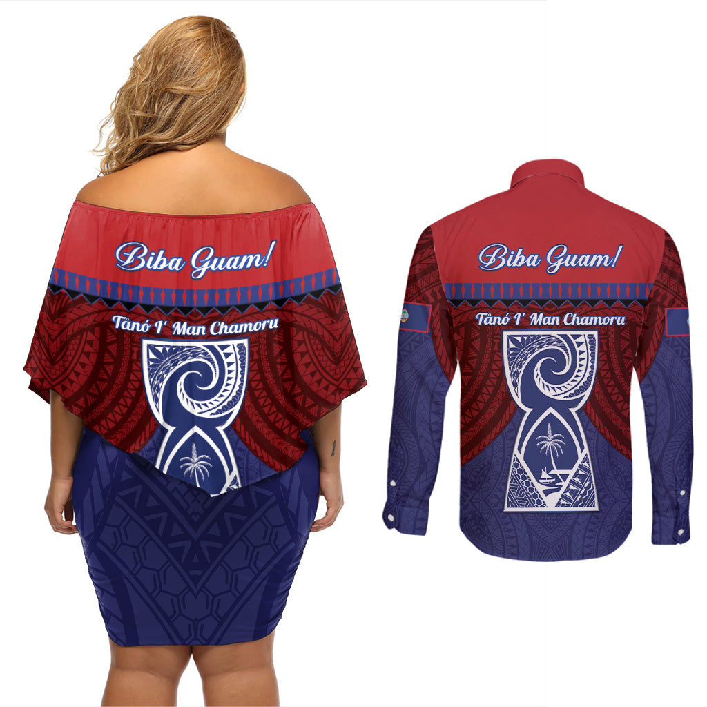 Guam Liberation Day Couples Matching Off Shoulder Short Dress and Long Sleeve Button Shirt Biba Guahan Chamorro 80th Anniversary - Blue