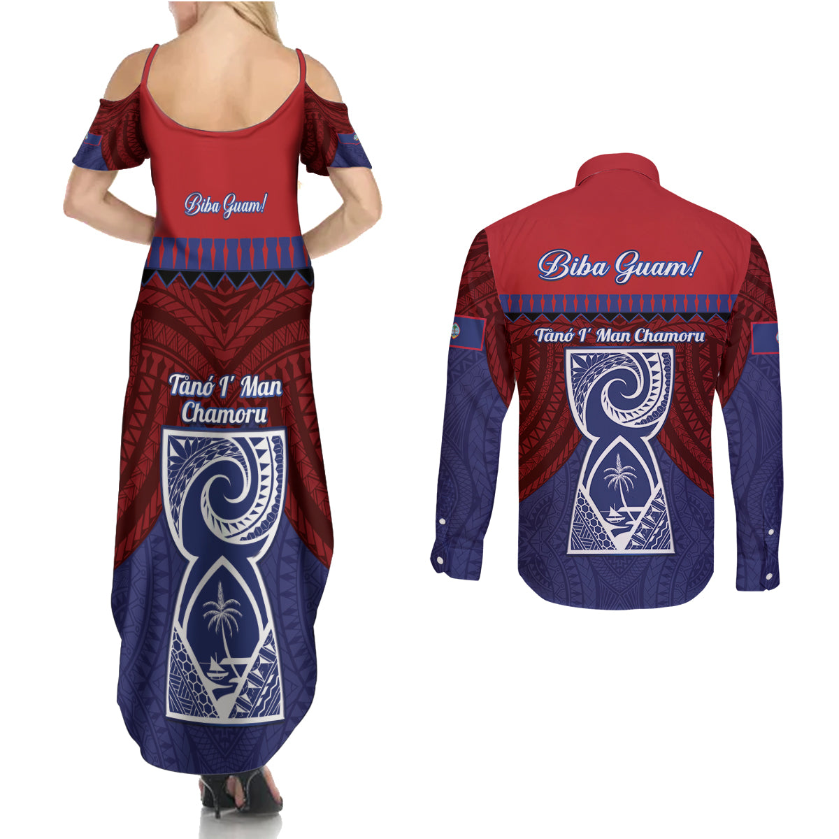 Guam Liberation Day Couples Matching Summer Maxi Dress and Long Sleeve Button Shirt Biba Guahan Chamorro 80th Anniversary - Blue
