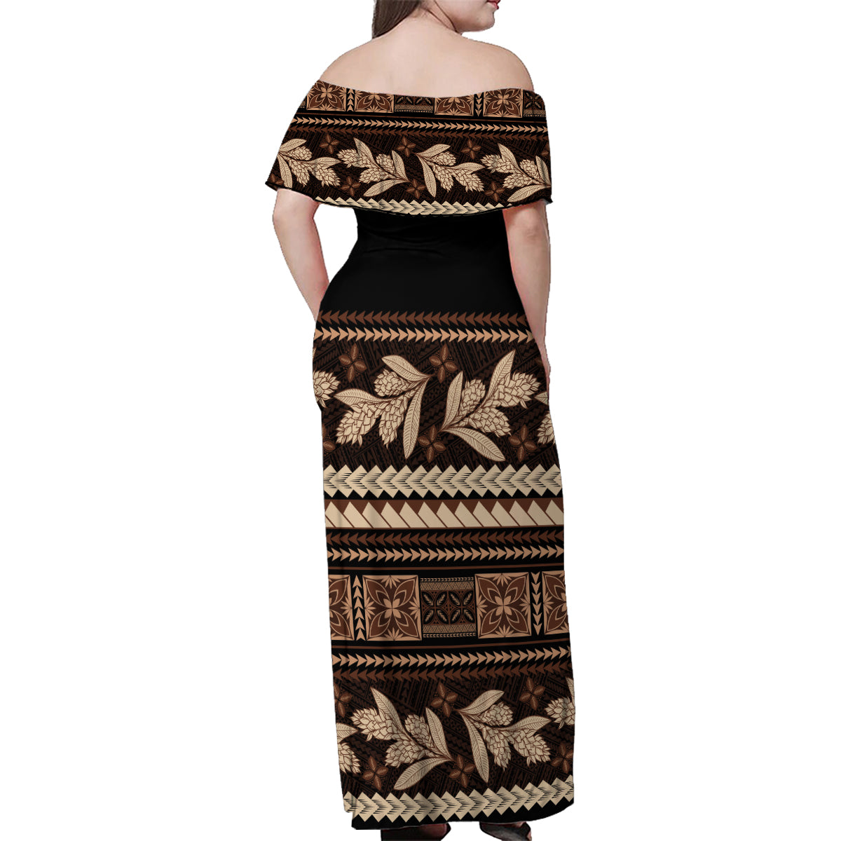 Black Samoa Siapo Teuila Flowers Family Matching Off Shoulder Maxi Dress and Hawaiian Shirt