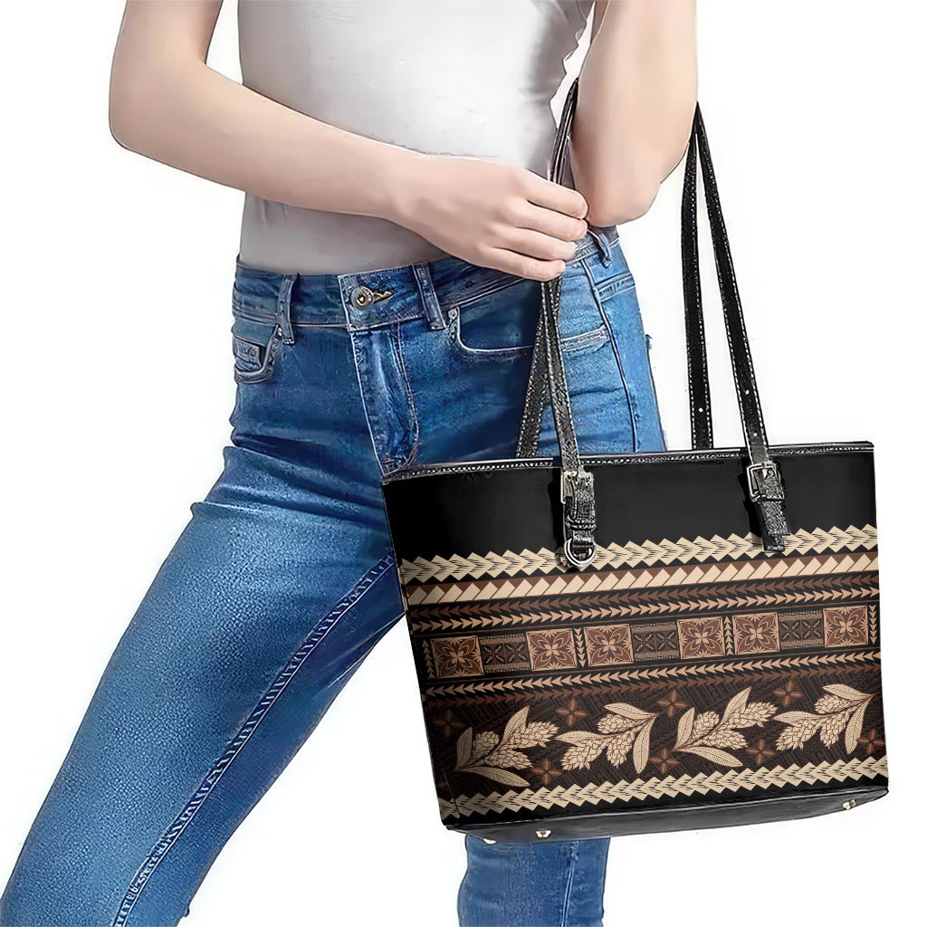 Black Samoa Siapo Teuila Flowers Leather Tote Bag