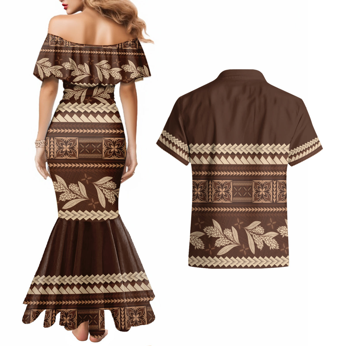 Brown Samoa Siapo Teuila Flowers Couples Matching Mermaid Dress and Hawaiian Shirt