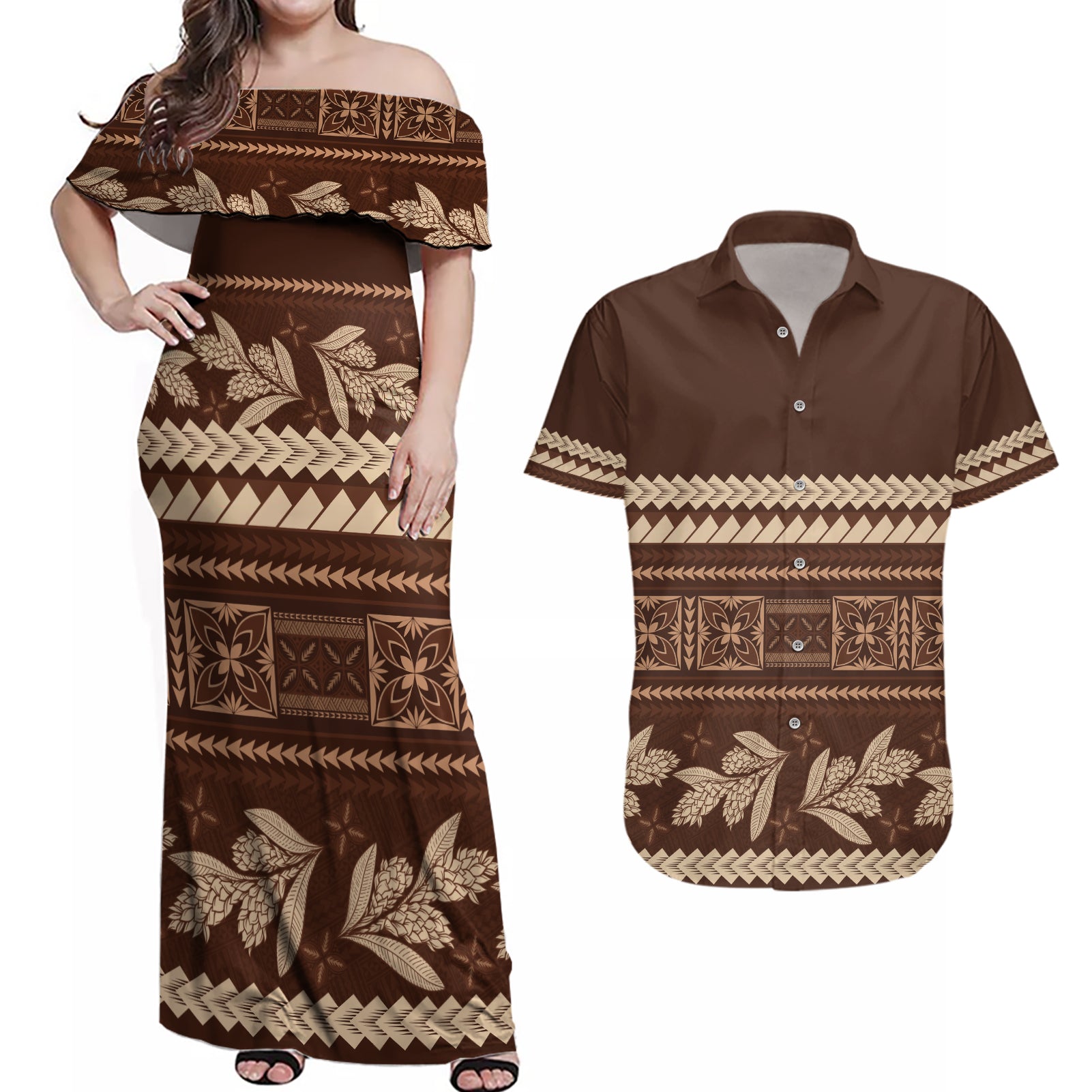 Brown Samoa Siapo Teuila Flowers Couples Matching Off Shoulder Maxi Dress and Hawaiian Shirt