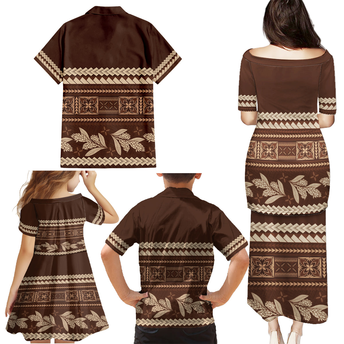 Brown Samoa Siapo Teuila Flowers Family Matching Puletasi and Hawaiian Shirt