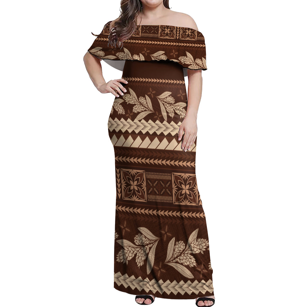 Brown Samoa Siapo Teuila Flowers Off Shoulder Maxi Dress