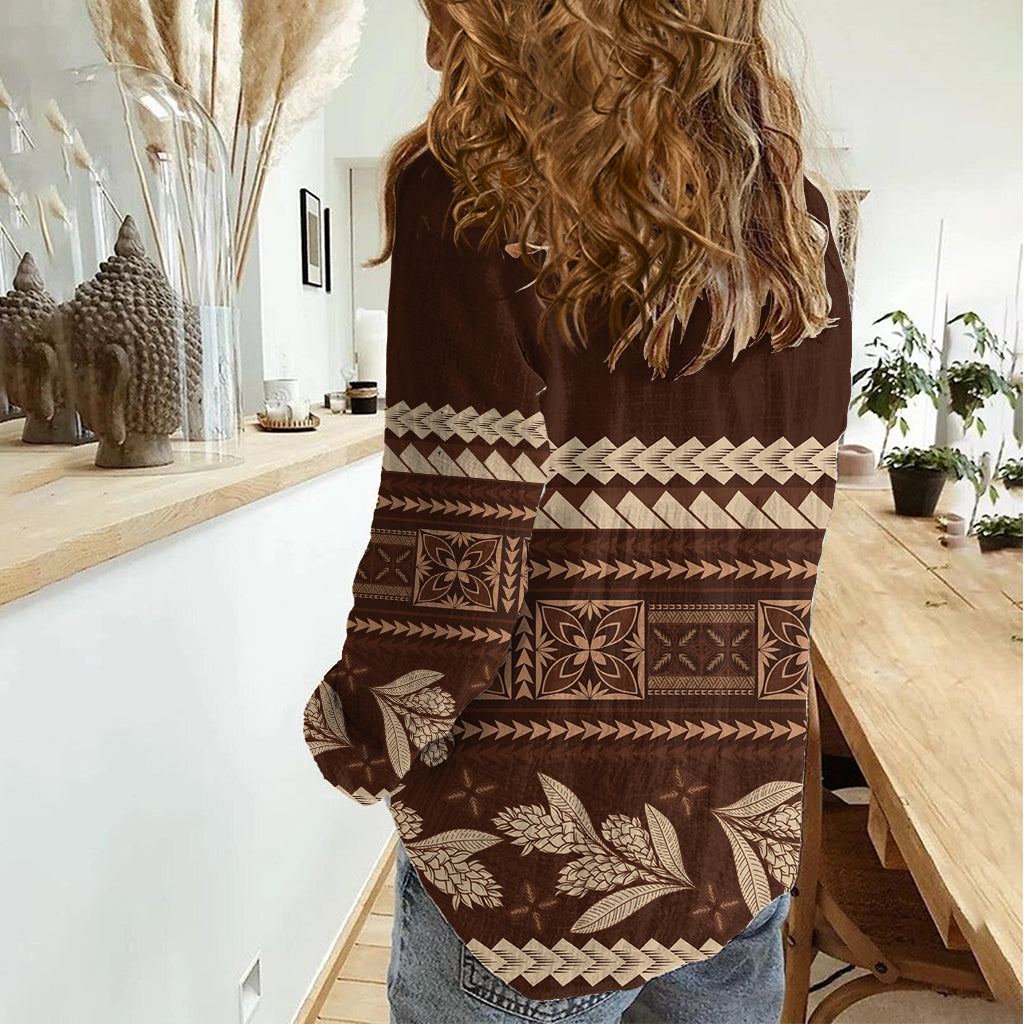 Brown Samoa Siapo Teuila Flowers Women Casual Shirt