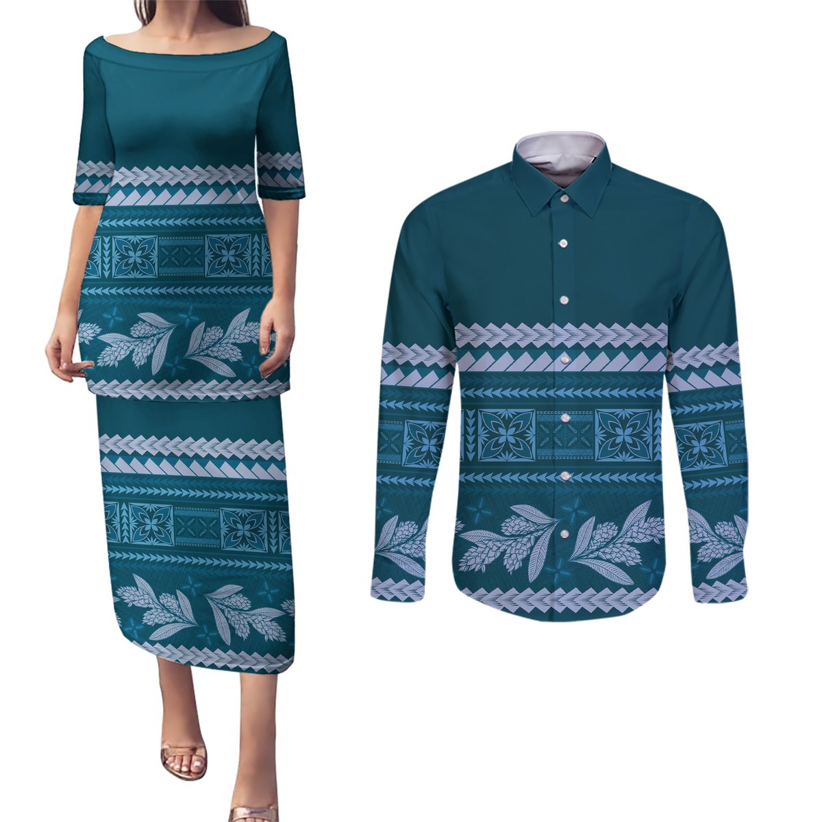 Dark Cyan Samoa Siapo Teuila Flowers Couples Matching Puletasi and Long Sleeve Button Shirt LT14 Dark Cyan - Polynesian Pride