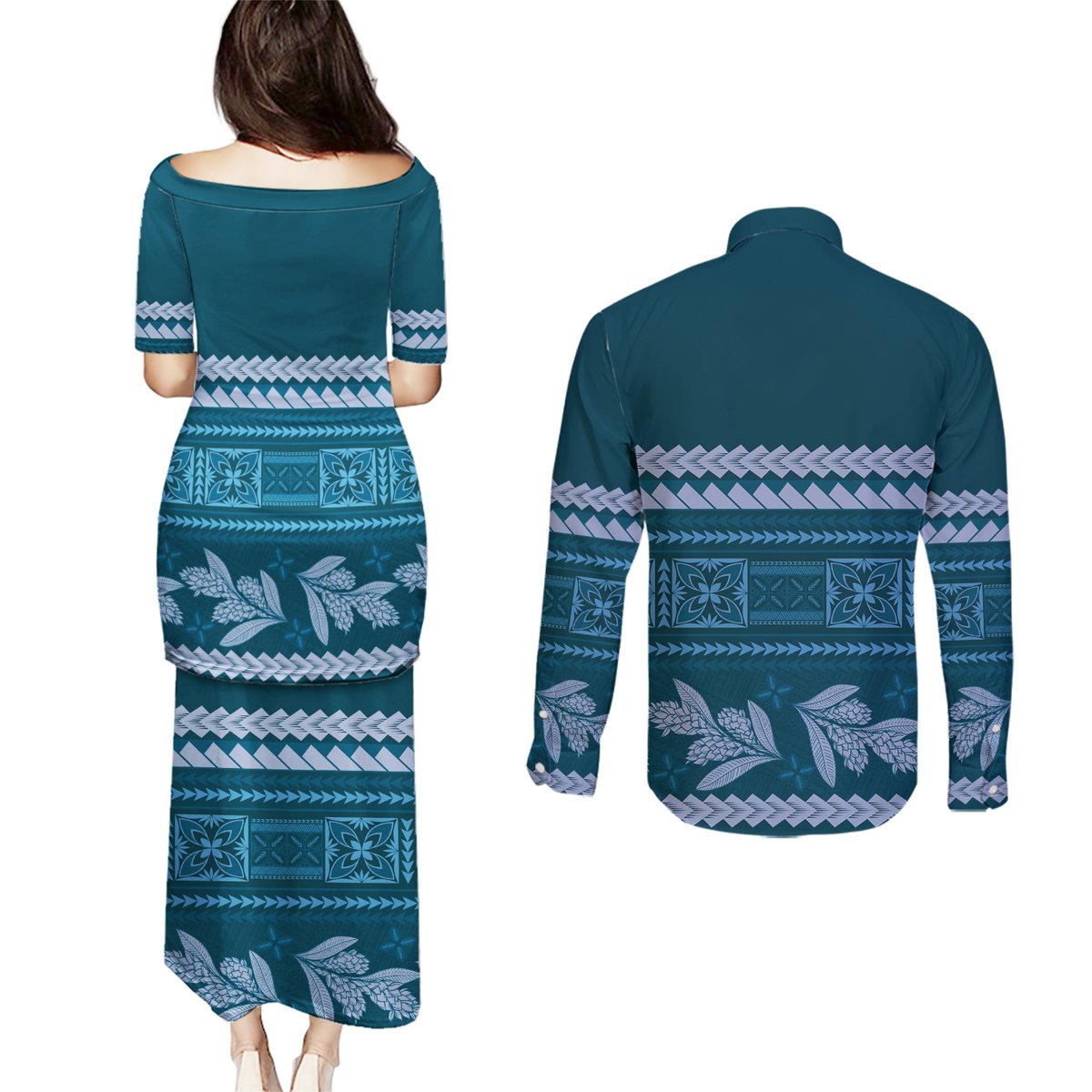 Dark Cyan Samoa Siapo Teuila Flowers Couples Matching Puletasi and Long Sleeve Button Shirt LT14 - Polynesian Pride
