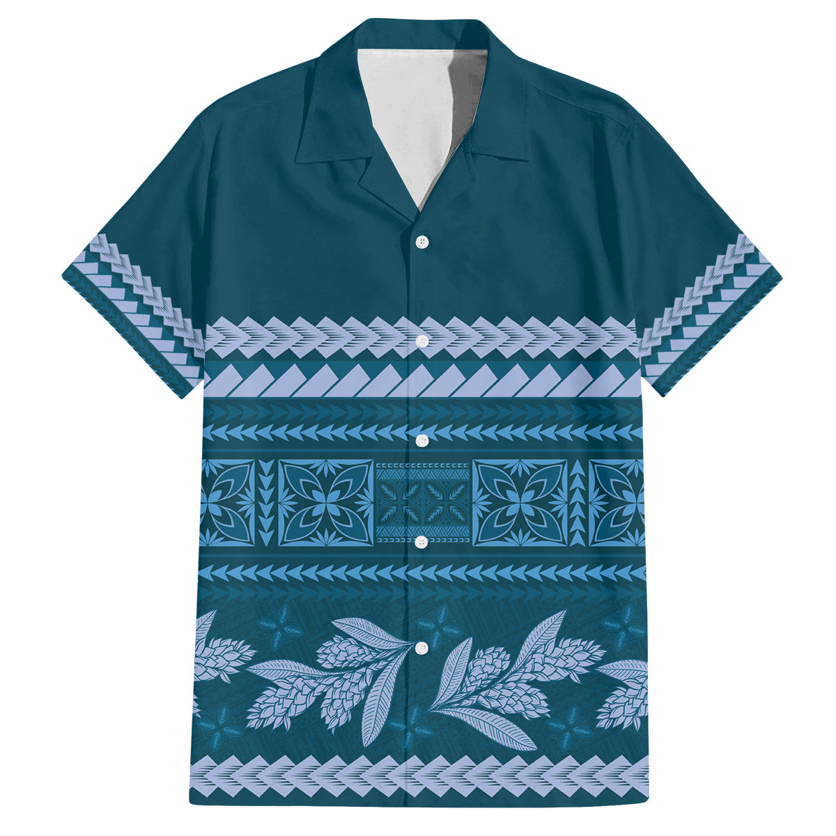 Dark Cyan Samoa Siapo Teuila Flowers Family Matching Off The Shoulder Long Sleeve Dress and Hawaiian Shirt