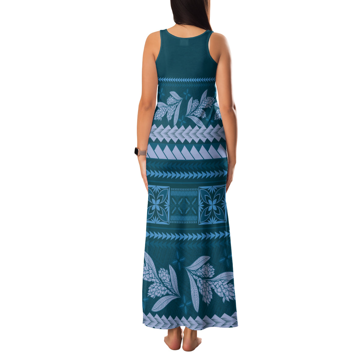 Dark Cyan Samoa Siapo Teuila Flowers Family Matching Tank Maxi Dress and Hawaiian Shirt