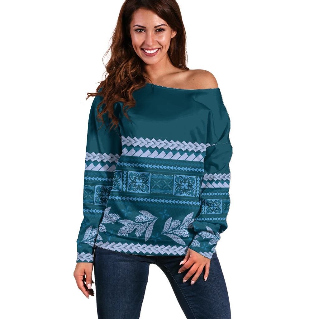 Dark Cyan Samoa Siapo Teuila Flowers Off Shoulder Sweater