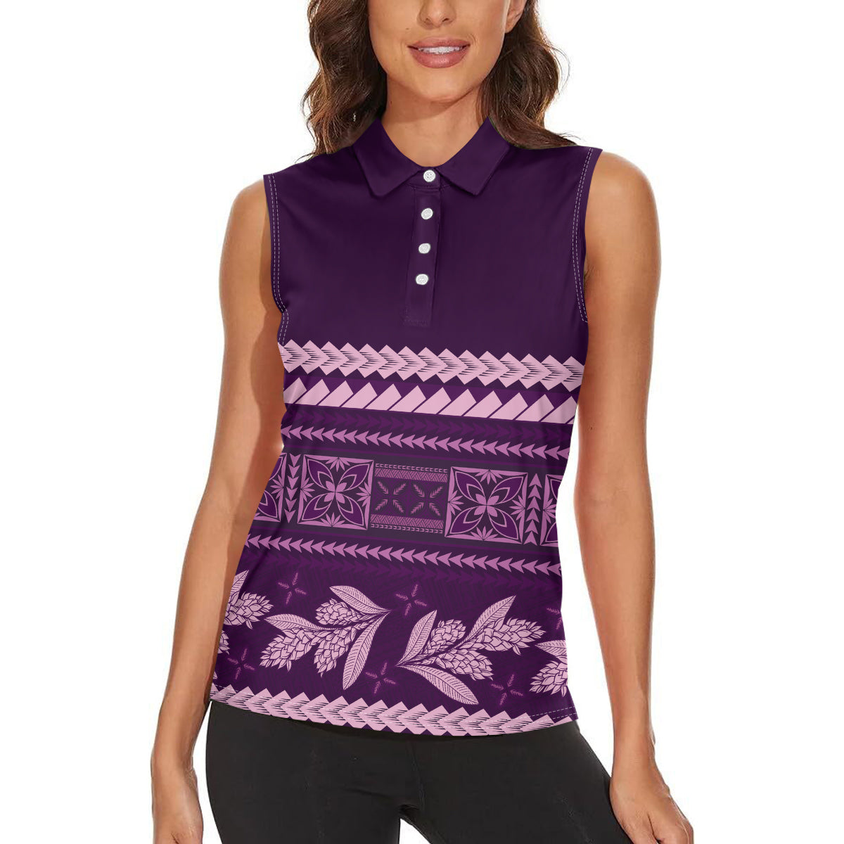 Purple Samoa Siapo Teuila Flowers Women Sleeveless Polo Shirt