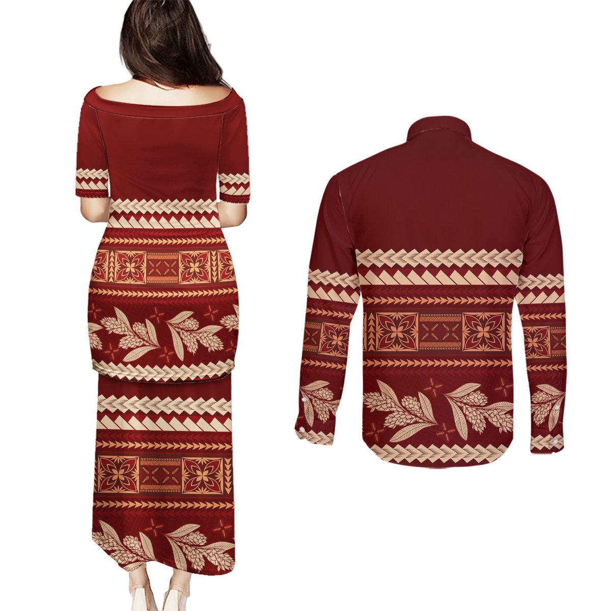 Red Samoa Siapo Teuila Flowers Couples Matching Puletasi and Long Sleeve Button Shirt LT14 - Polynesian Pride