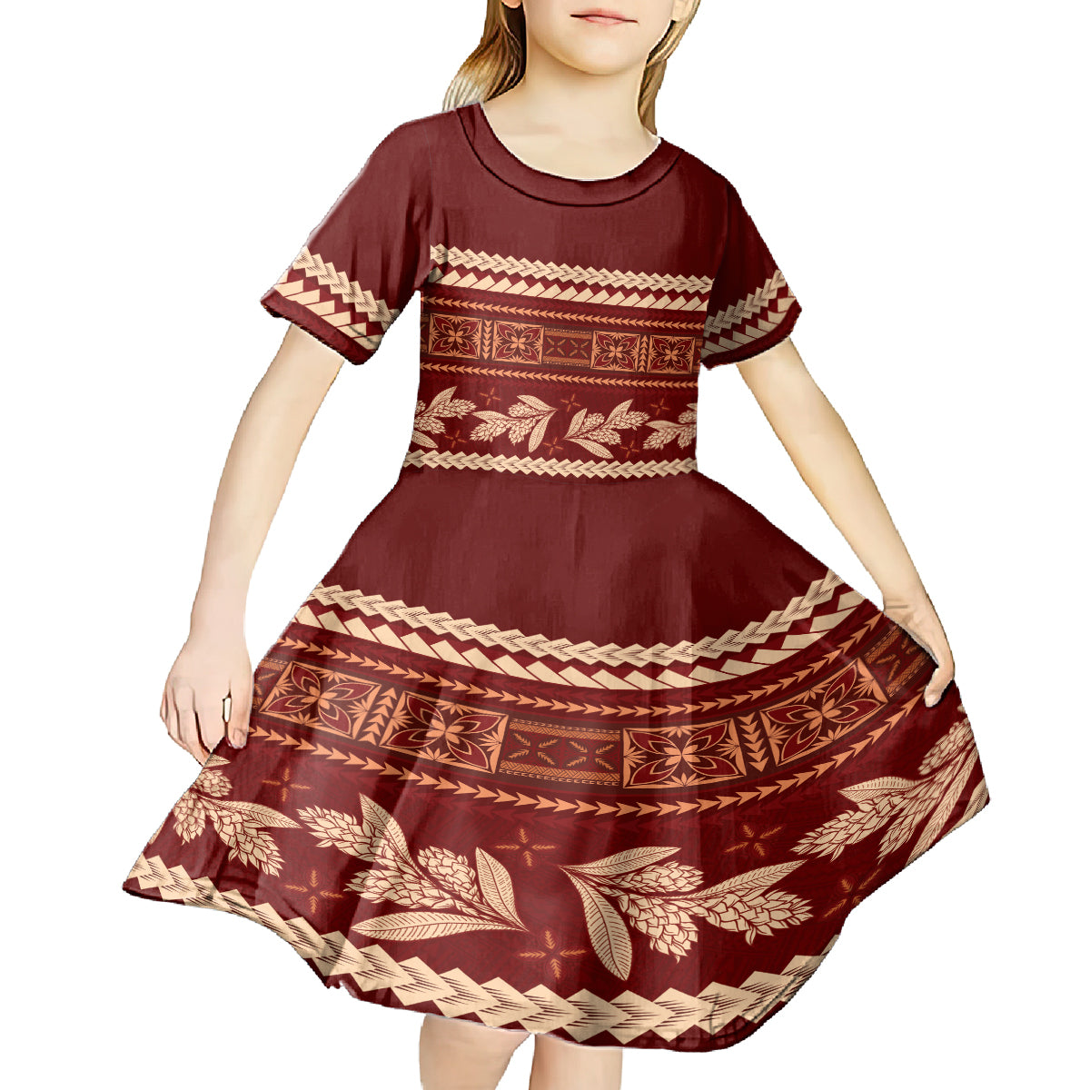 Red Samoa Siapo Teuila Flowers Kid Short Sleeve Dress LT14 - Polynesian Pride