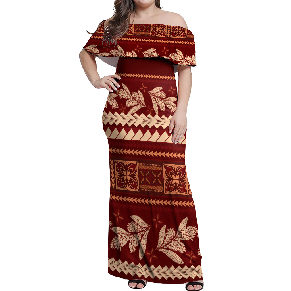 Red Samoa Siapo Teuila Flowers Off Shoulder Maxi Dress