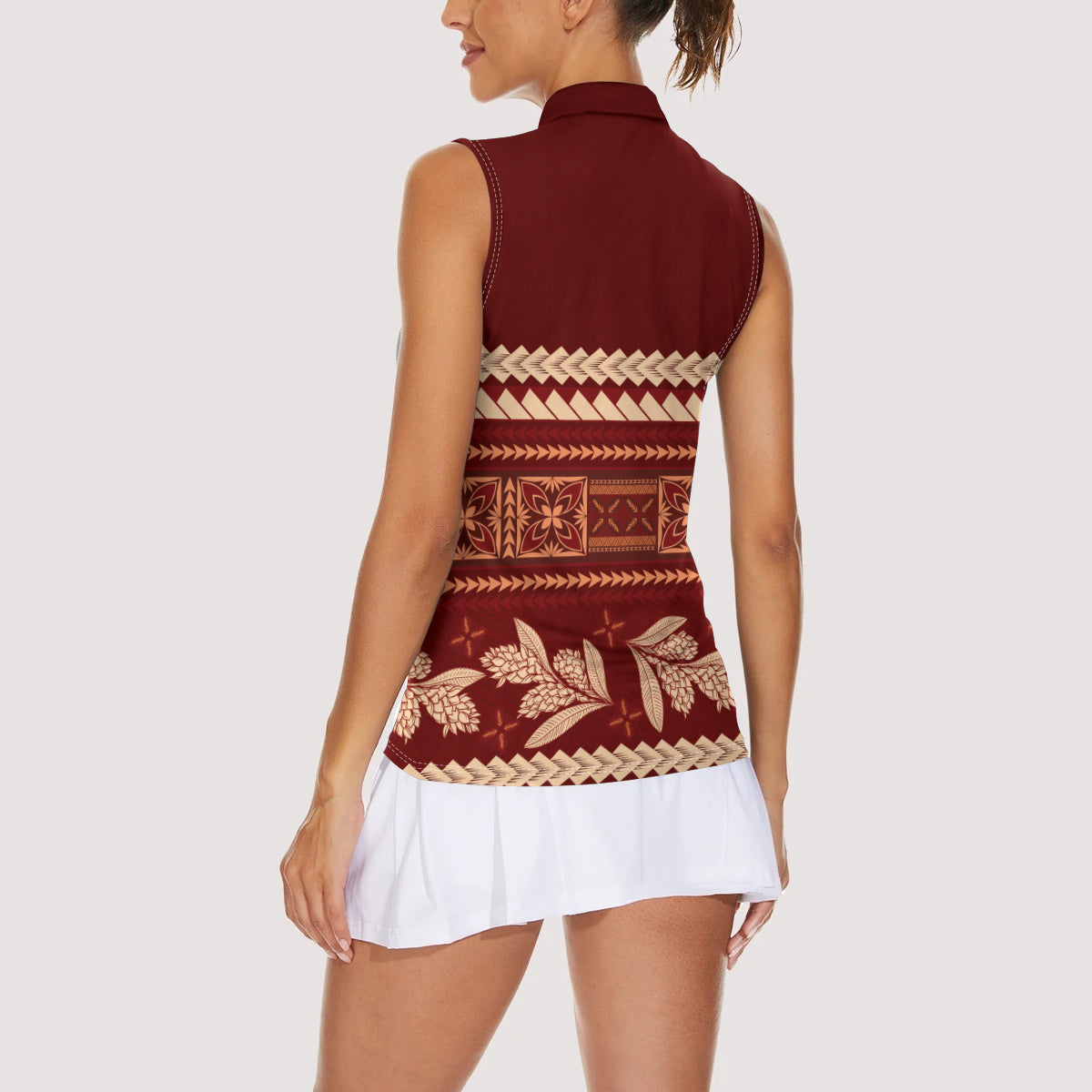 Red Samoa Siapo Teuila Flowers Women Sleeveless Polo Shirt LT14 - Polynesian Pride