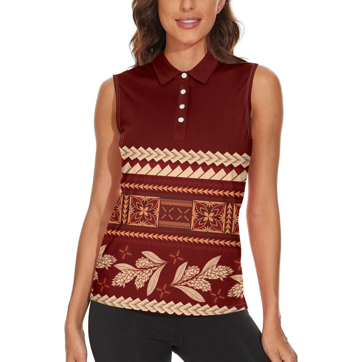 Red Samoa Siapo Teuila Flowers Women Sleeveless Polo Shirt LT14 - Polynesian Pride