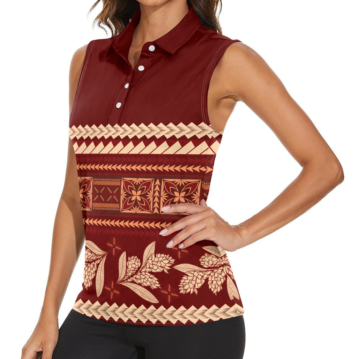 Red Samoa Siapo Teuila Flowers Women Sleeveless Polo Shirt LT14 - Polynesian Pride