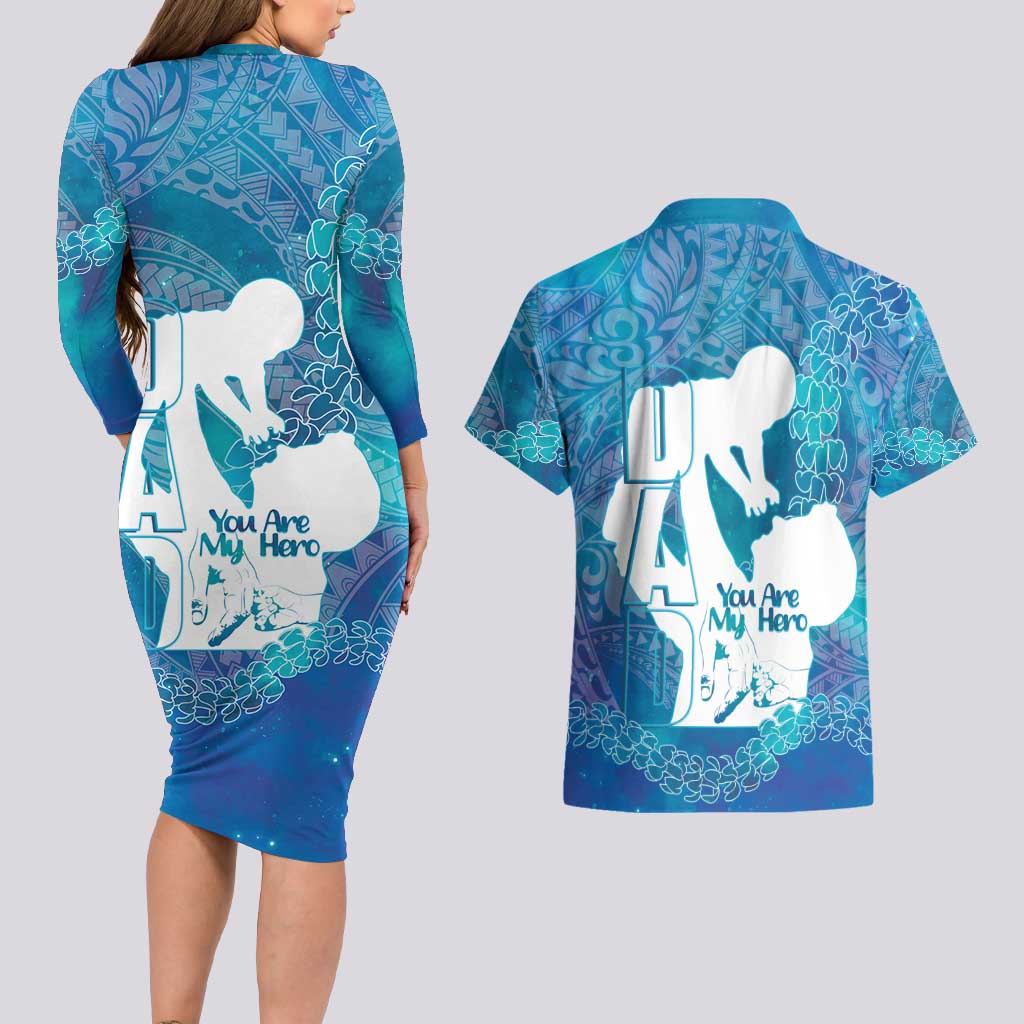 Turquoise Polynesia Father's Day Couples Matching Long Sleeve Bodycon Dress and Hawaiian Shirt Dad You Are My Hero LT14 - Polynesian Pride