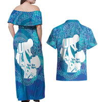 Turquoise Polynesia Father's Day Couples Matching Off Shoulder Maxi Dress and Hawaiian Shirt Dad You Are My Hero LT14 - Polynesian Pride