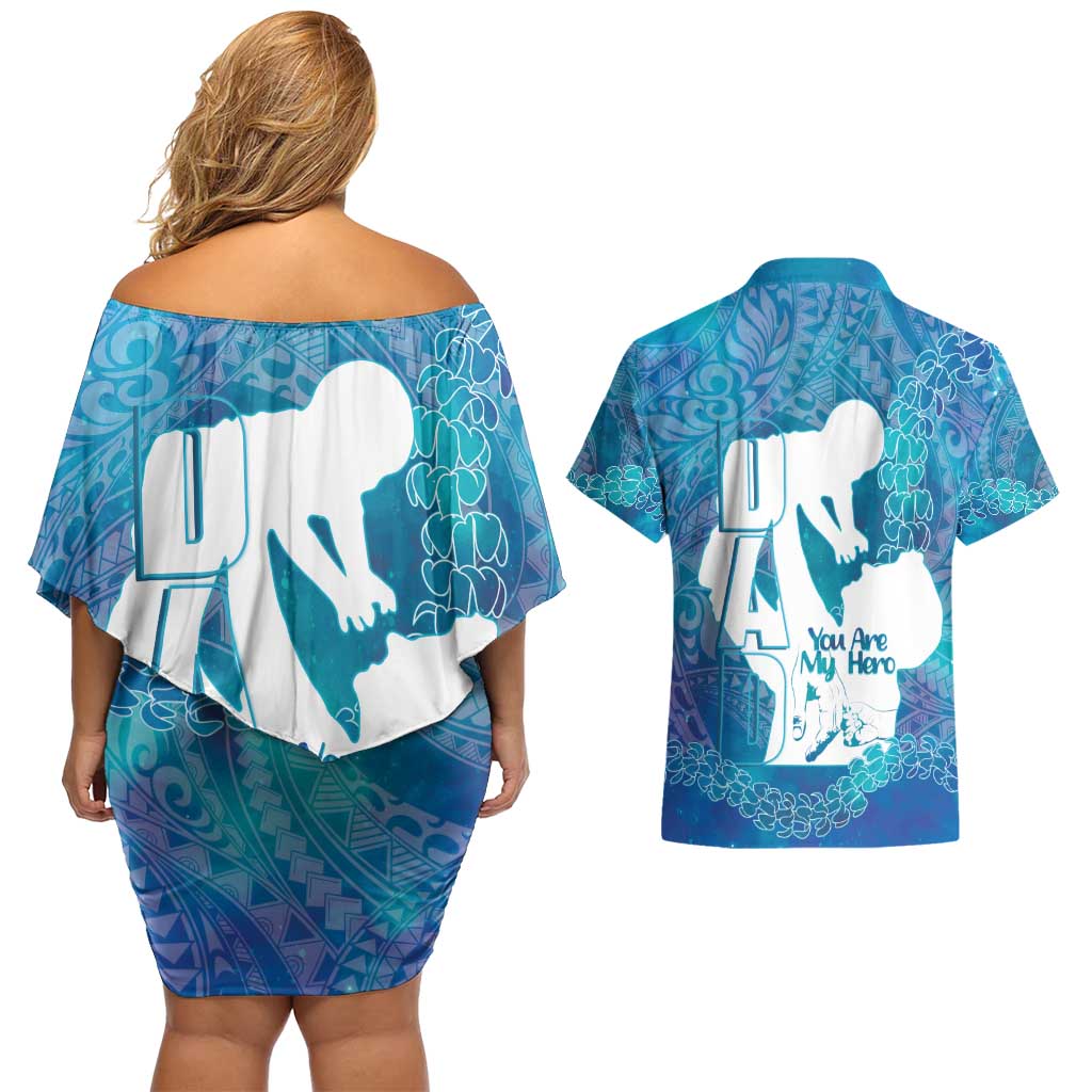 Turquoise Polynesia Father's Day Couples Matching Off Shoulder Short Dress and Hawaiian Shirt Dad You Are My Hero LT14 - Polynesian Pride
