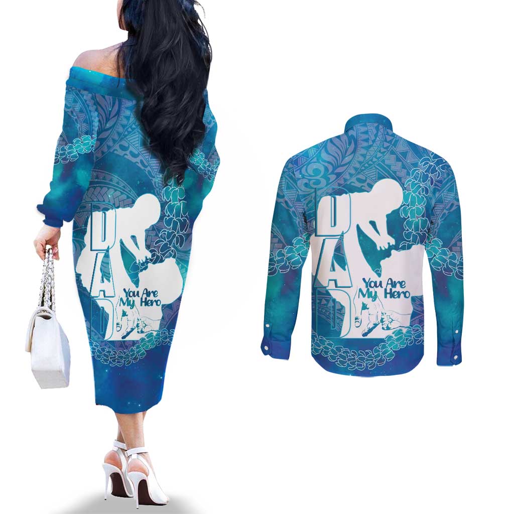 Turquoise Polynesia Father's Day Couples Matching Off The Shoulder Long Sleeve Dress and Long Sleeve Button Shirt Dad You Are My Hero LT14 - Polynesian Pride