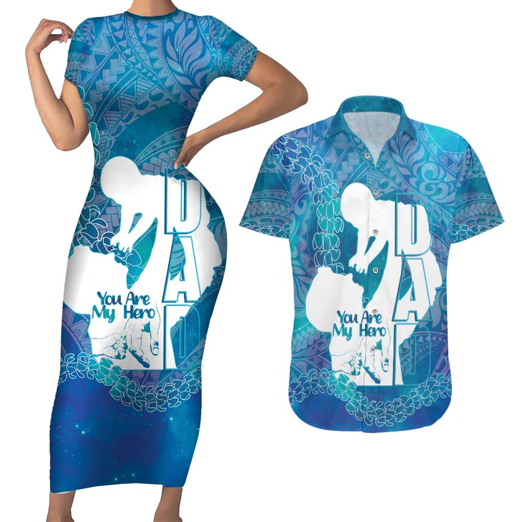Turquoise Polynesia Father's Day Couples Matching Short Sleeve Bodycon Dress and Hawaiian Shirt Dad You Are My Hero LT14 Turquoise - Polynesian Pride