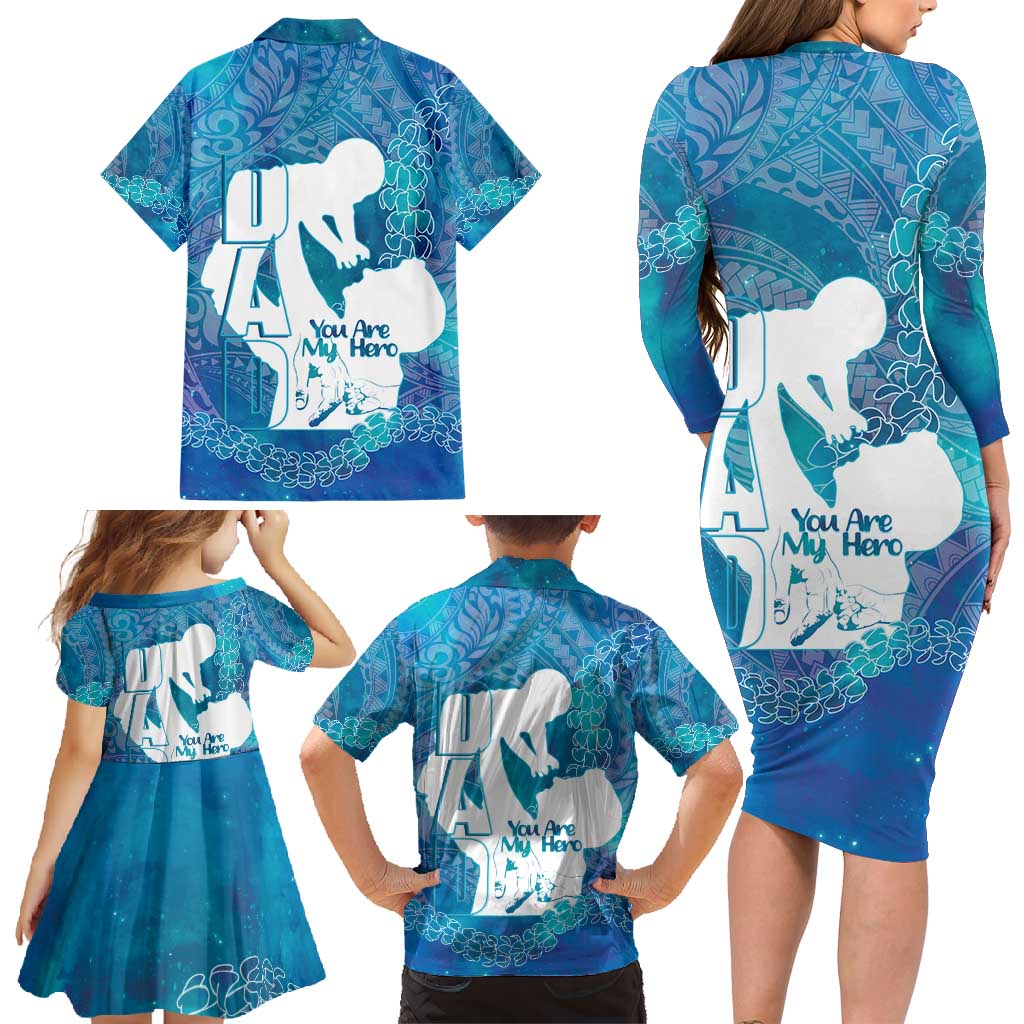 Turquoise Polynesia Father's Day Family Matching Long Sleeve Bodycon Dress and Hawaiian Shirt Dad You Are My Hero LT14 - Polynesian Pride