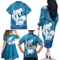 Turquoise Polynesia Father's Day Family Matching Off The Shoulder Long Sleeve Dress and Hawaiian Shirt Dad You Are My Hero