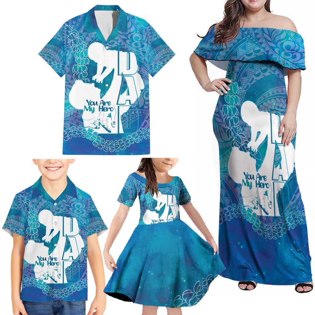 Turquoise Polynesia Father's Day Family Matching Off Shoulder Maxi Dress and Hawaiian Shirt Dad You Are My Hero